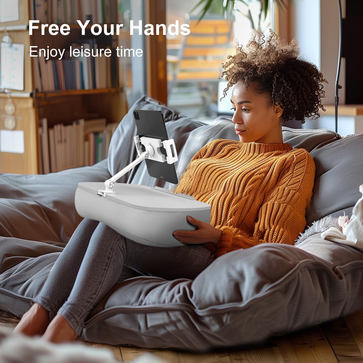 ERGONOV Lap Bean Bag Pillow Stand, 360° Tablet Holder with Adjustable Arm