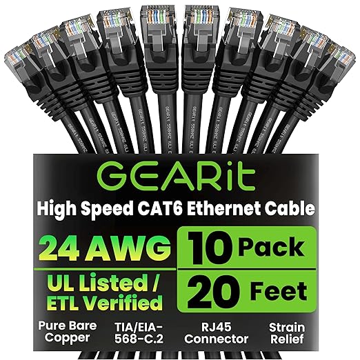 GEARit Cat 6 Ethernet Patch Cable 20 ft Black (10 Pack) Cat6 Patch Cables 20ft Black/Ethernet Patch Cable, 10Gbps 550MHz 24AWG Pure Copper, Snagless, Gold Plated RJ45 for Router, Server, Router, PC