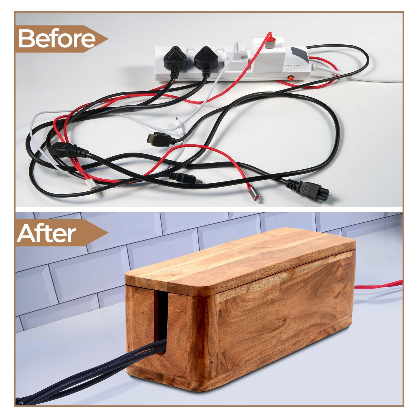 Acacia Cable Management Box - Rustic Design (Natural, Large)