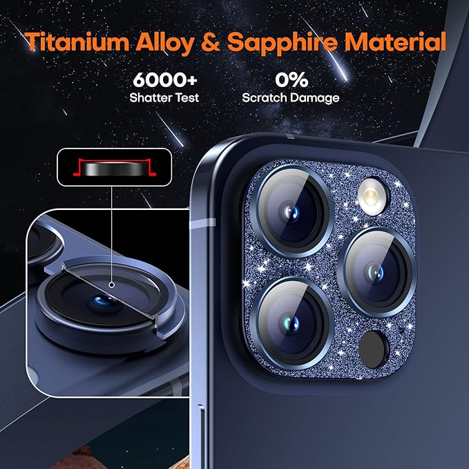 Camera Lens Protector for iPhone 16 Pro Max/16 Pro/15 Pro Max/15 Pro/14 Pro Max/14 Pro, Aluminum Alloy Sapphire Glass Camera Screen Cover, Case Friendly- Glitter Blue