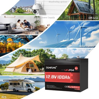 12V 100Ah Mini LiFePO4 Lithium Battery, Built-in 100A BMS,1280Wh Deep Cycle Rechargeable Battery 6000+ Cycles 10-Year Lifespan for RV, Solar, Off-Grid and Home Energy Storage