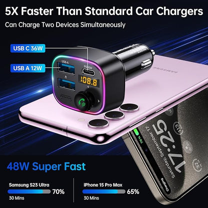 Syncwire Bluetooth 5.4 FM Transmitter Car Adapter 48W (PD 36W & 12W) [Light Switch] [HiFi Bass Sound] [Fast Charging] Wireless Radio Music Adapter LED Display Hands-Free Calling Support USB Drive