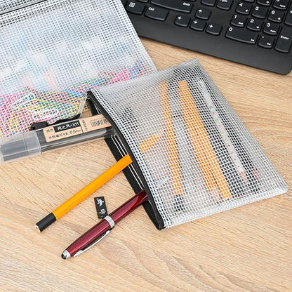 AUSTARK 10 Pcs Zipper File Bags, Waterproof Plastic Mesh Pouch for Office School, Board Game Storage Bags (B6 Size 7.6''x5.3'', White and Black)