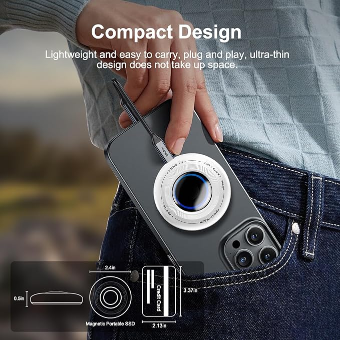 FP108 500GB Magnetic Portable SSD, External Solid State Drives with PD-100W and 2050MB/s USB-C 3.2 Gen 2x2, Play While Charging, Compatible with iPhone 16/15 Pro Max, Android, PC, Mac, Switch Lite