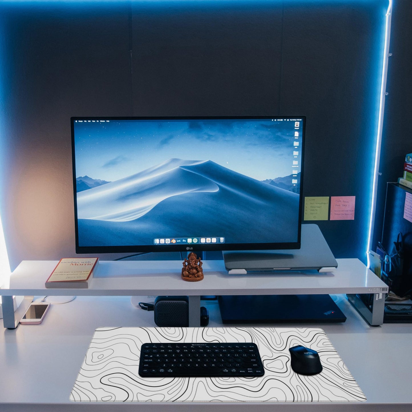 Eflxamz Desk Mat,White Topographic Contour Map Desk Pad,Topographic Contour Large Gaming Mouse Pad for Desk,Extended Big Computer Keyboard Mouse Pad with Non-Slip Base and Stitched Edge,31.5"x11.8"