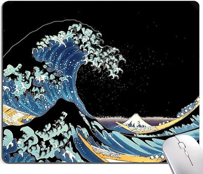 Japanese Sea Wave Mouse Pad, Square Mouse Mat Waterproof Non-Slip Rubber Base MousePads