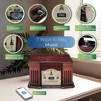 ClearClick All-in-One Turntable with 3-Speed Record Player, Bluetooth, CD, Cassette Tape, AM/FM Radio, Aux, USB, Built-in Speakers, Handmade Wooden Exterior