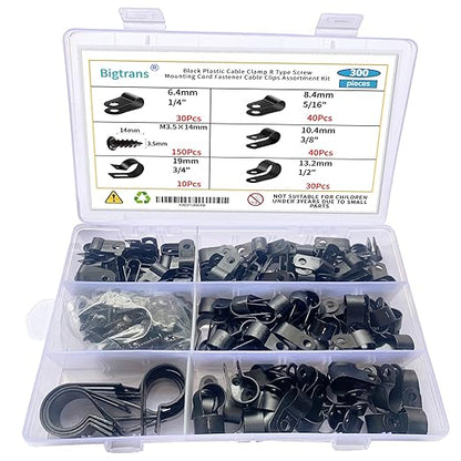 Bigtrans 300 Pcs Nylon Plastic R-Type Wire Clips with Screws 1/4" 5/16" 3/8" 1/2" 3/4" Clamps Fasteners Assortment for Cable Conduit -5 Size -Black