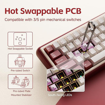 Chilkey Foxy65 Mechanical Keyboard with Knob, Gasket Mount 65% Aluminum Wireless Mechanical Keyboard, BT5.0/2.4GHz/USB-C, Hot Swappable, RGB Backlit Computer Custom Key Board for PC