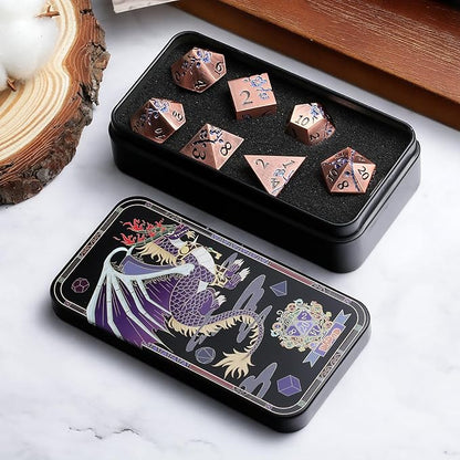 DNDND Metal Dice, 7 PCS Heavy Solid Metallic Flower DND Dice Set with Gorgeous Gift Case for D&D Dungeons and Dragon Tabletop Game (Ancient Copper)