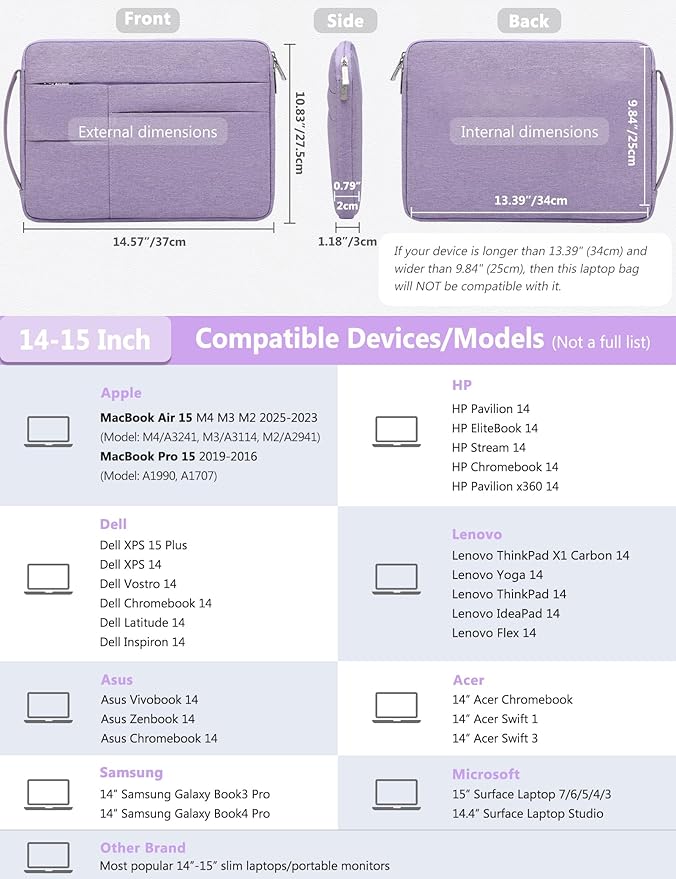 HYZUO 14-15 Inch Laptop Sleeve Bag for MacBook Air 15 M4 M3 M2, MacBook Pro 15, 15" Surface Laptop, XPS 14/15 Plus, Portable NoteBook Case for 14" HP Dell Lenovo ThinkPad Asus, Lilac Purple