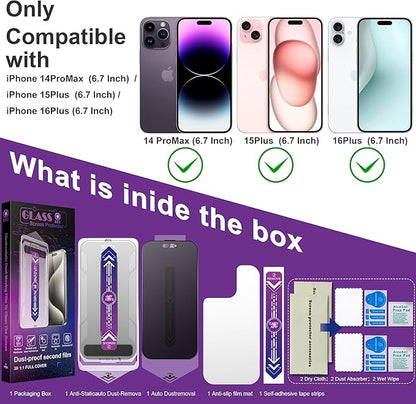 2 Pack Matte Privacy Screen Protector for iPhone 14 Pro Max/iPhone 15 Plus/iPhone 16 Plus, 9H Tempered Glass, Full Coverage, Anti-Fingerprint, Auto Dust-Elimination, No Bubble, Easy Installation