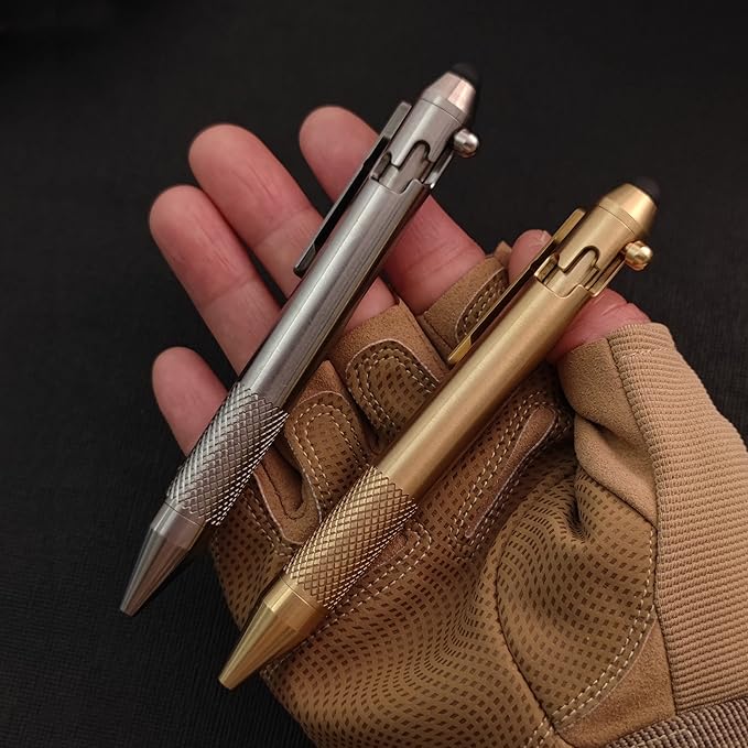 Cool Hand 4.9'' Brass Bolt Action Pen with Retractable Stylus Tip for Any Touch Screen, Ballpoint Ink Refillable, Compact Size, Skelton Out Deep Pocket Clip (Brass)