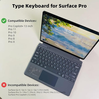Keyboard for Microsoft Surface Pro Copilot+ (11th Edition) / Pro 11 / Pro 10 / Pro 9 / Pro 8 / Pro X, 13 inch, Detachable Type Cover with Touchpad, 7-Color Backlit & Pen Holder(Grey)