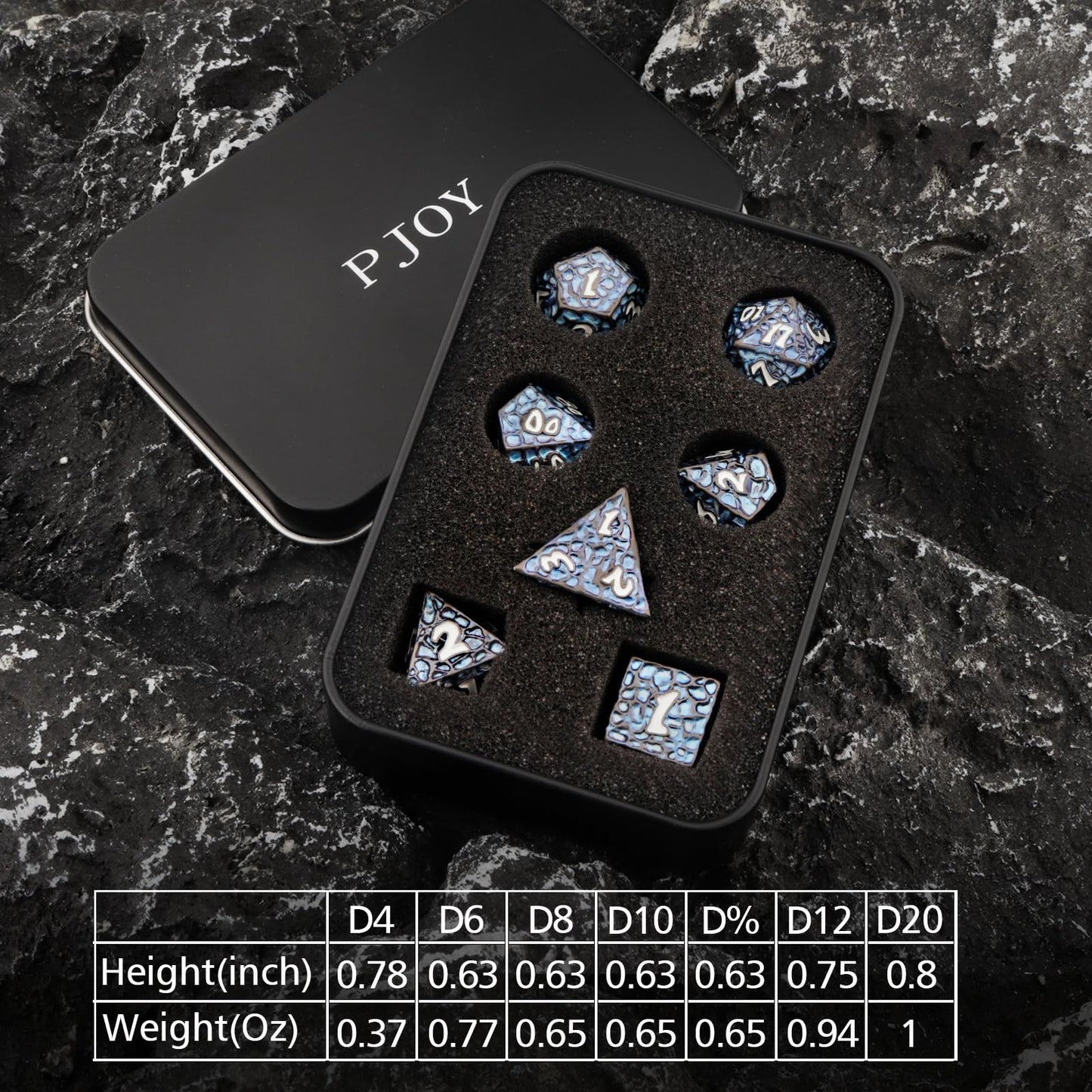 PJOY Metal DND Dice Set for Dungeons and Dragons Dice with Case Meteorite Black Blue Glitters 7PCS 16mm Role Playing Cool DND Gifts for Players D&D DM Game Masters