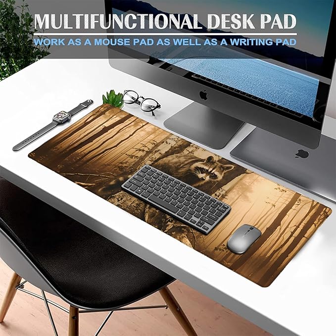 Mysterious Raccoon Gaming Mouse Pad, Large Office Desk Mat, Anti-Slip Rubber Base Mousepad for Computer Laptop Keyboard, Smooth Desk Pad for Home Office Gamer Work Accessories 31.5" x 11.8"