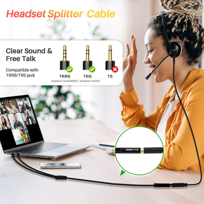 Kxable Headphone Splitter for Computer, 3.5mm Female to Dual 3.5mm Male Audio Splitter Cable, Stereo Jack Earphones Headset to PC Laptop Adapter, 1/8inch 2-in-1 Y Separator Aux Dongle Converters, 6FT