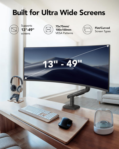 HUANUO TitanLift Heavy Duty Monitor Arm for Screens up to 49", Holds 44 lbs, Aluminum Ultrawide Screen Monitor Mount, Fully Adjustable Single Gaming Desk Mount with Dual C-Clamp, Max VESA 100x100mm