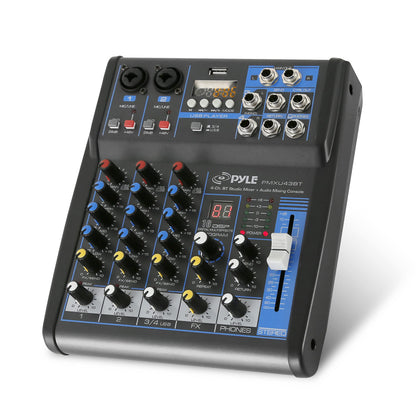 Pyle 4 Channel Audio Mixer with Bluetooth - DJ Sound Board Controller - USB Computer Input - Built-in MP3 Player - 48V Phantom Power - 3 Band EQ - 16-Bit DSP FX - Band, Studio Ready - PMXU43BT
