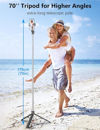 70'' Automatic Tripod, Extendable Selfie Stick Phone with Magnetic Remote & 1/4" Screw Camera Tripod Lightweight Travel Tripod for Cell Phone Compatible with iPhone 16/15/14/13/12/Android