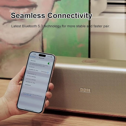 DOSS SoundBox Ultra Bluetooth Speaker with 2.1 Channel Audio, 80W Superior Sound with Deep Bass, Two DSP Technologies, 18H Playtime, BT 5.3, Wireless for Home, Office, Bedroom-Gold