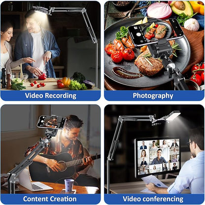 Overhead Phone Tripod for Cooking Videos with Rechargeable Light, Move Around Floor Phone Stand with Ring Light Content Creator Video Recording Selfie Photography TikTok Youtube Compatible with iPhone