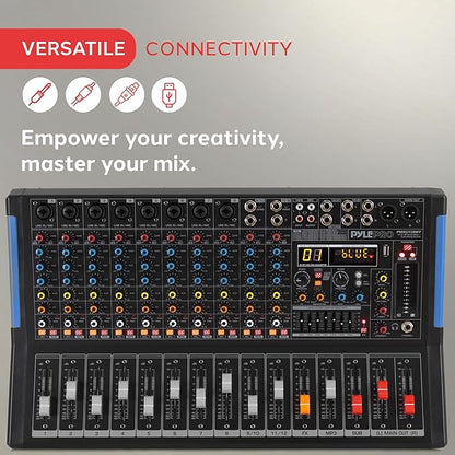 PYLE 12-Channel Bluetooth Studio Audio Mixer - DJ Sound Controller Interface with USB Drive for PC Recording Input, RCA, XLR Microphone Jack, 48V Power, For Professional and Beginners - PMXU128BT