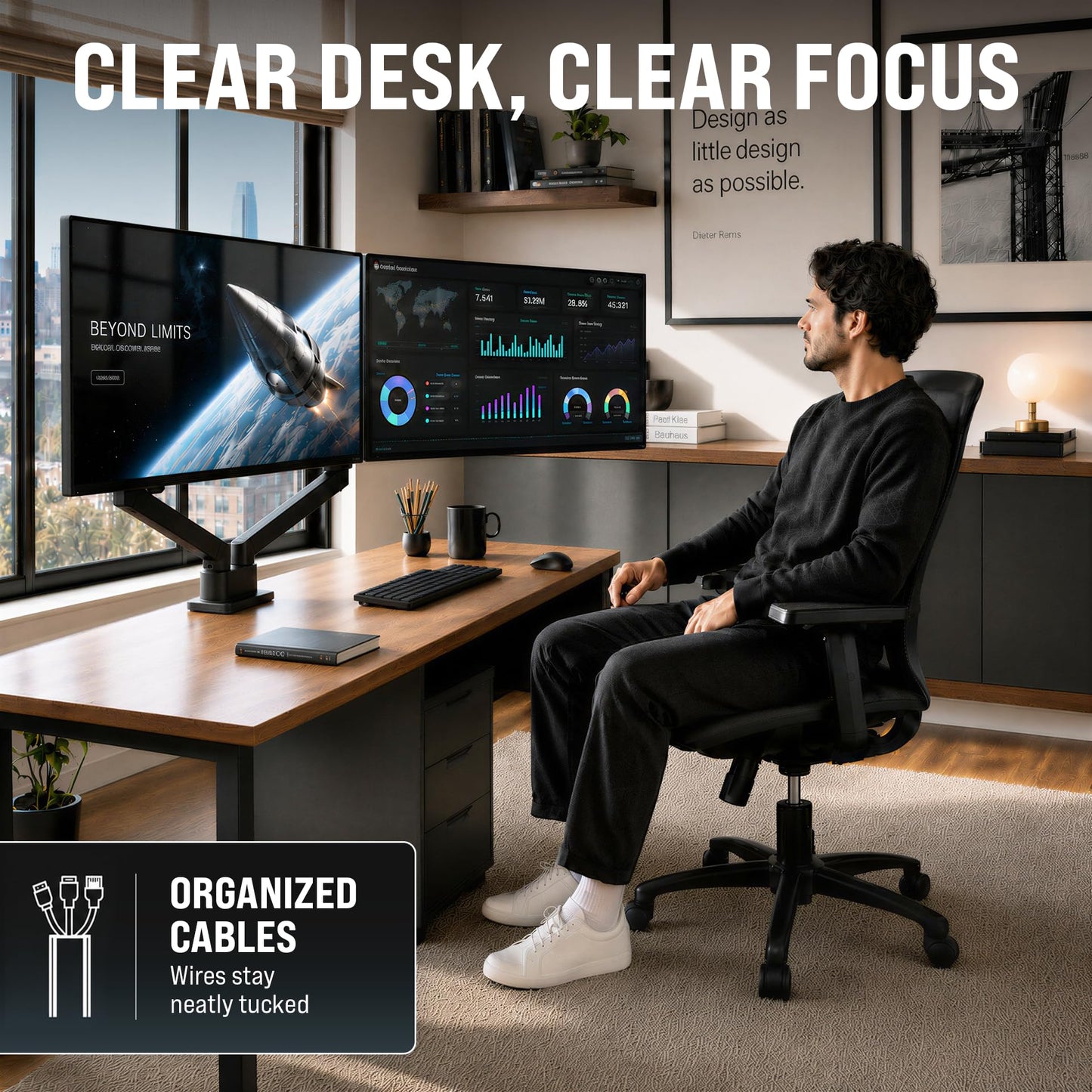 EVEO Premium Dual Monitor Mount 14"-32” Dual Monitor Arm VESA Bracket Adjustable Height Gas Spring Dual Monitor Stand, Screen Full Motion Dual Monitor Arm-Computer Monitor Stand for 2 Screens - Black
