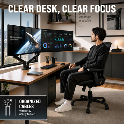 EVEO Premium Dual Monitor Mount 14"-32” Dual Monitor Arm VESA Bracket Adjustable Height Gas Spring Dual Monitor Stand, Screen Full Motion Dual Monitor Arm-Computer Monitor Stand for 2 Screens - Black