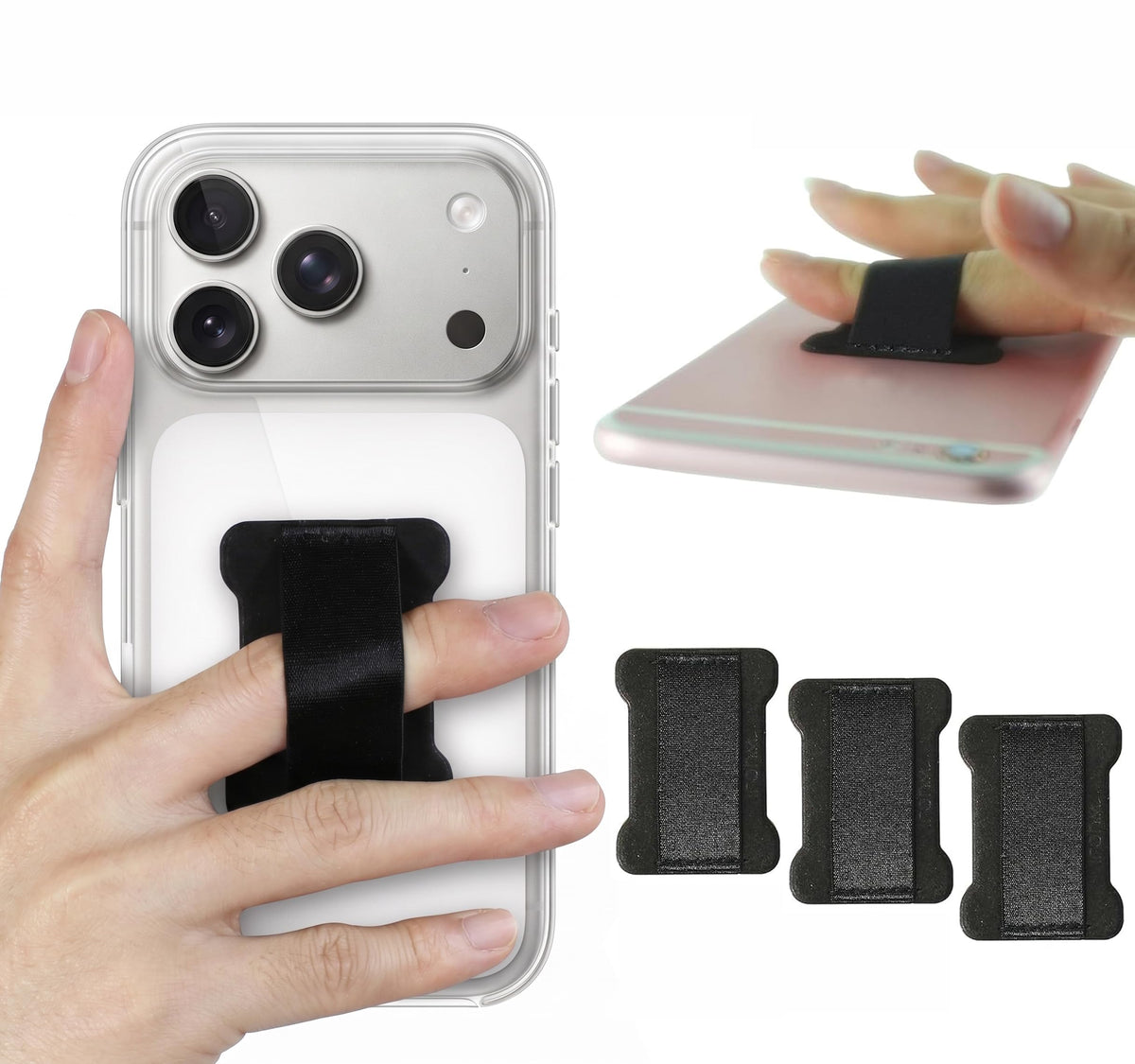 WOJI Cell Phone Finger Grip Strap Holder for Hand, Phone Strap, Phone Holder for Hand - Small, New Slim Finger Loop Selfie Grip Compatible with Most Smartphones (Black) - 2Pack