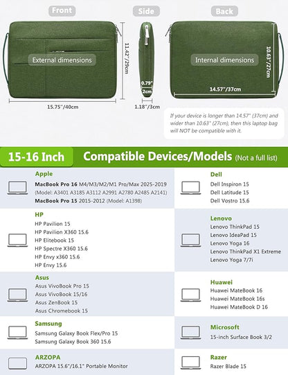 HYZUO 15-16 Inch Laptop Sleeve Bag for MacBook Pro 16 M4/M3/M2/M1 2025-2019, 15" Surface Book, Portable NoteBook Case for 15" 15.6" HP Dell Lenovo ThinkBook Asus Acer Samsung HUAWEI, Grass Green