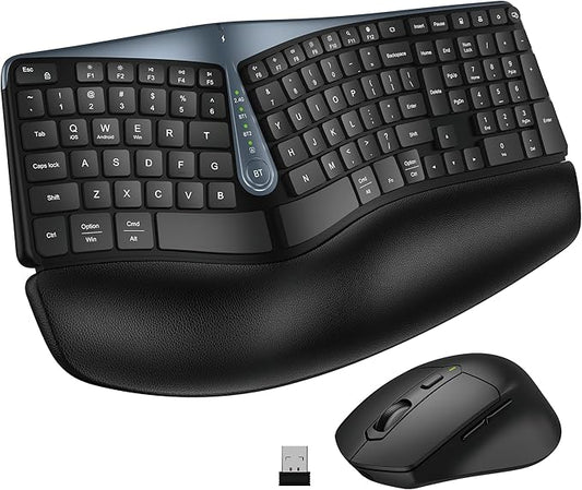 Ergonomic Wireless Keyboard Mouse Combo, MK835 Wave Keys Bluetooth/2.4G Split Design Ergo Keyboard with Cushioned Palm Rest, Multi-Device, Rechargeable, for Multi-OS, Windows/Mac/Android（1 Pack