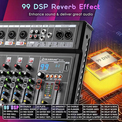 6-Channel Audio Mixer for PC, SX-6iu Mixing Console with XLR Inputs, Bluetooth, 99 Digital Signal Processor Effects, USB Interface, MP3 Compatible for Podcast, Music, Recording 9.84"x2.17"x12.6"inches