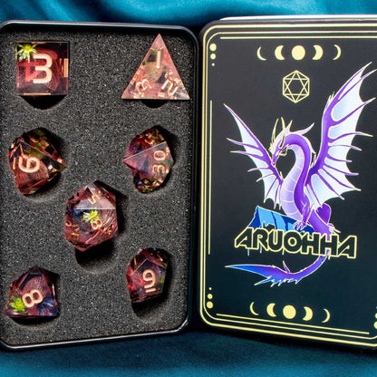 ARUOHHA DND Resin Dice Translucent Pink Leaf Sharp Edged Dragons Dice Set with Box, 7pcs Flower Inclusions Polyhedral Dungeons D and D Dice RPG Role Playing Game D20 D12 D10 D8 D6 D4