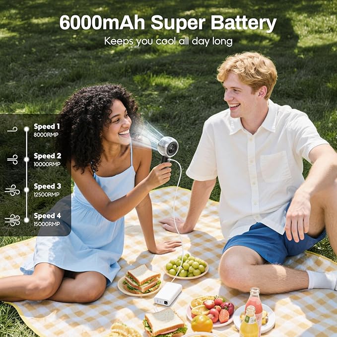 Misting Portable Handheld Fan, Powerful Turbo Motor, 6000mAh Rechargeable Battery, Personal Mini Fans with 4 Strong Wind, Cooling Gadgets for Travel, Camping, Beach, Outdoor, Gifts for Women Men-Black