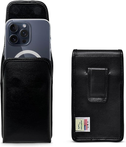 Turtleback Belt Holder for iPhone 16 Pro Max, 15 Pro Max, 14 Pro Max -Small- Fits w/Slim MagSafe Style Cases, Premium Black Leather Vertical Belt Holster Magnetic Closure Leather Wrapped Clip