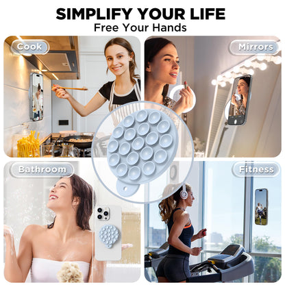 HSAOHD Magnetic Suction Cup Phone Mount with MagSafe, Silicone Hands-Free Grip Holder for iPhone Case and Android, Mirror Shower Phone Stand for Makeup FaceTime Gym Kitchen Bathroom, Baby Blue