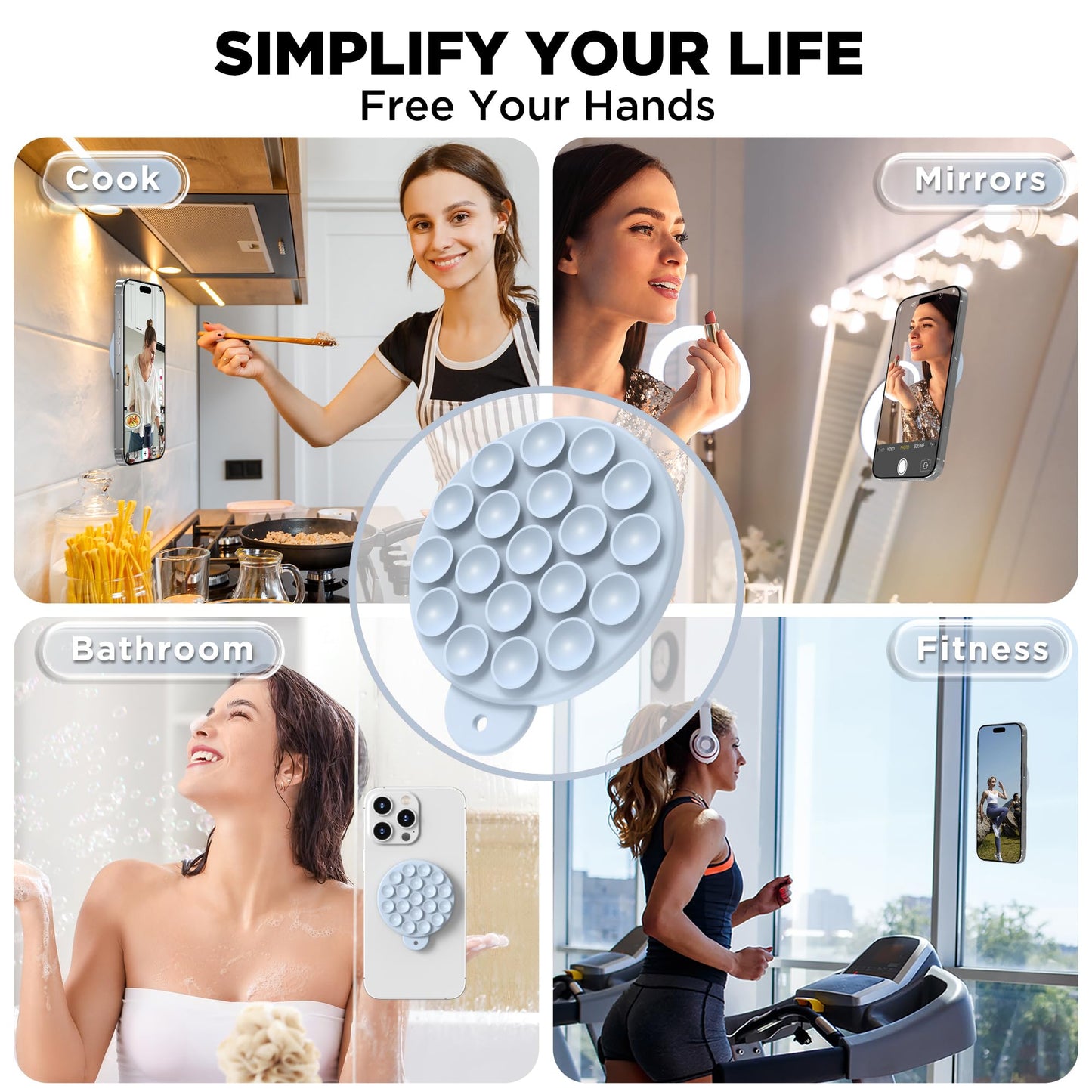 HSAOHD Magnetic Suction Cup Phone Mount with MagSafe, Silicone Hands-Free Grip Holder for iPhone Case and Android, Mirror Shower Phone Stand for Makeup FaceTime Gym Kitchen Bathroom, Baby Blue