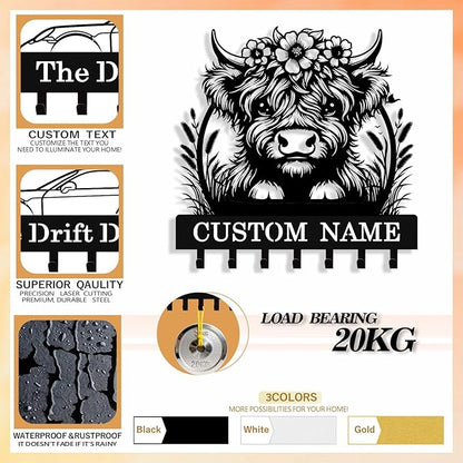 Personalized Highland Cow Key Holder Wall Mount, Custom Metal Key Rack Key Holder with Name, Deer Cabin Wall Keys Hanger with Hooks for Entryway, Front Door, Hallway, Kitchen, Living Room