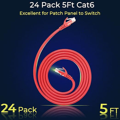 Rapink Patch Cables Cat6 5ft (24 Pack), Ethernet Patch Cable 10G Support, Cat 6 Patch Cable for Patch Panel to Switch, Flexiable Cat 6 Ethernet Cable with Gold Plated Red