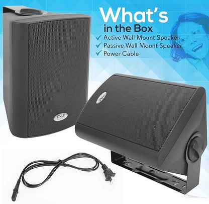Pyle Wall Mount Home Speaker System - Active Passive Mountable Bookshelf Indoor Studio Garage Patio Stereo Sound Home Theater Speaker, Wireless Bluetooth Speaker Set W/ Aux & RCA - PDWR53BTBK (Black)