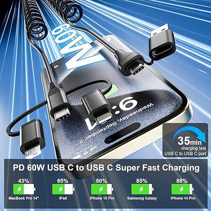 Coiled Multi Charging Cable - USB C Lightning Micro USB Cable 5 in 1 for Apple Carplay & Android Auto [MFi & PD60W & Data Sync] Coiled USB C Cable for iPhone 17 16 15 14 13 12 X Android Samsung Laptop