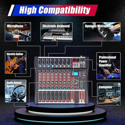 8 Channel Audio Mixer, Bluetooth Studio Mixer Audio DJ Sound Board Controller with USB, Sound Mixer Console Mixing Board for Professional and Beginners (8 Channel)