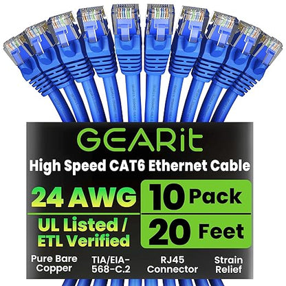 GearIT Cat 6 Ethernet Cable Pack - 10-Pack 20 ft Cat6 Ethernet Patch Cables | RJ45 Network Patch Cable, 10 Gbps Snagless Gold-Plated Connectors - Ethernet Cable Cat 6 for PC, TV, Router - Blue