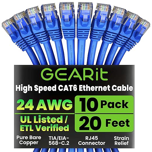 GEARit Cat 6 Ethernet Patch Cable 20 ft Blue (10 Pack) - Cat6 Patch Cables 20ft Blue/Ethernet Patch Cable, 10Gbps 550MHz 24AWG Pure Copper, Snagless, Gold Plated RJ45 for Router, Server, Router, PC