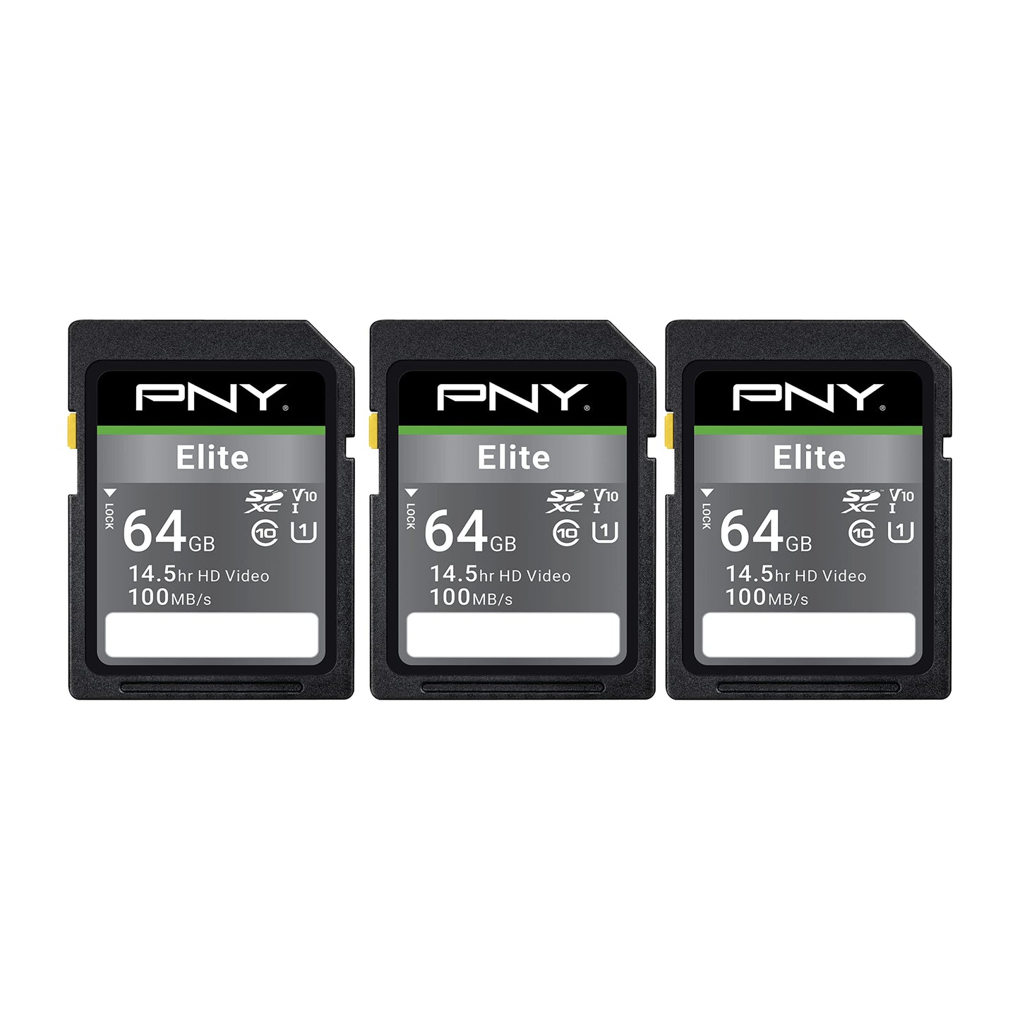 PNY 64GB Elite Class 10 U1 V10 SDXC Flash Memory Card - 100MB/s Read, Class 10, U1, V10, Full HD, UHS-I, Full Size SD (P-SD64GX3U1100EL-MP) (Pack of 3)