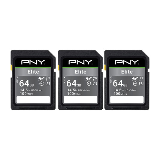PNY 64GB Elite Class 10 U1 V10 SDXC Flash Memory Card - 100MB/s Read, Class 10, U1, V10, Full HD, UHS-I, Full Size SD (P-SD64GX3U1100EL-MP) (Pack of 3)