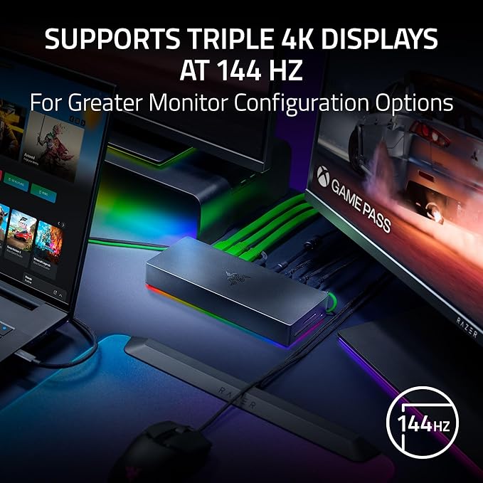 Razer Thunderbolt 5 Dock Chroma: 10 Ports w/M.2 Storage Slot - Triple 4K Displays at 144 Hz or Single 8K at 60 Hz - Thunderbolt Share Enabled - 140W Power Delivery - Connect 3 TB5 Devices - Black