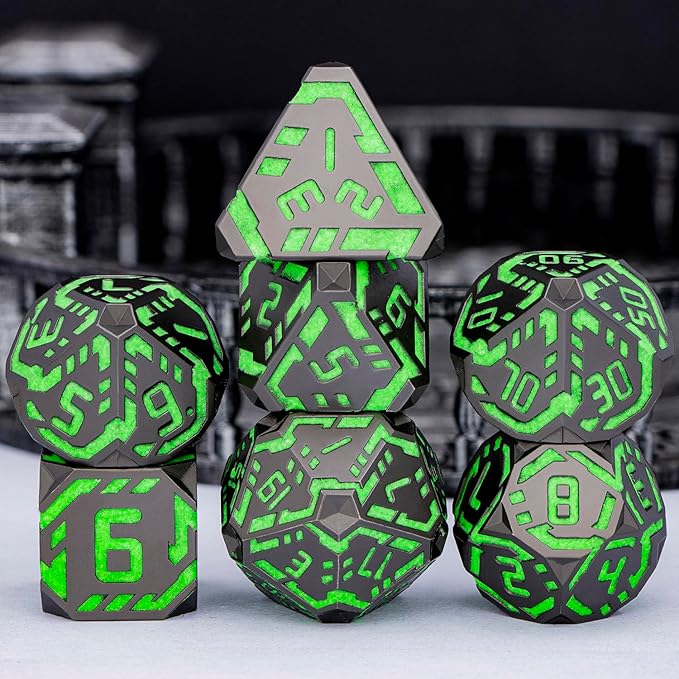 Metal DND Sci-fi Dice Set 7PCS Luminous Green Stripe Polyhedral Dice for Dungeons Dragons RPG Role Playing Game, Glitter D and D Dice with Gift Box D6 D8 D10 D12 D20