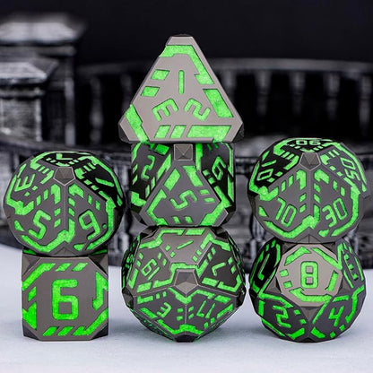 Metal DND Sci-fi Dice Set 7PCS Luminous Green Stripe Polyhedral Dice for Dungeons Dragons RPG Role Playing Game, Glitter D and D Dice with Gift Box D6 D8 D10 D12 D20